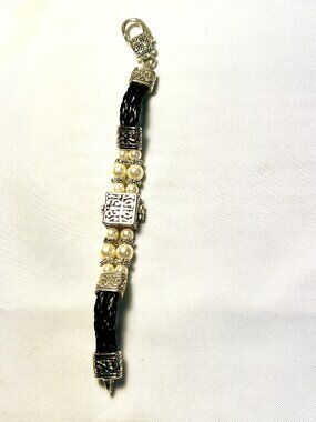 Black Braided Leather Faux Pearl Silver Scroll Locket Bracelet - SB6 D3